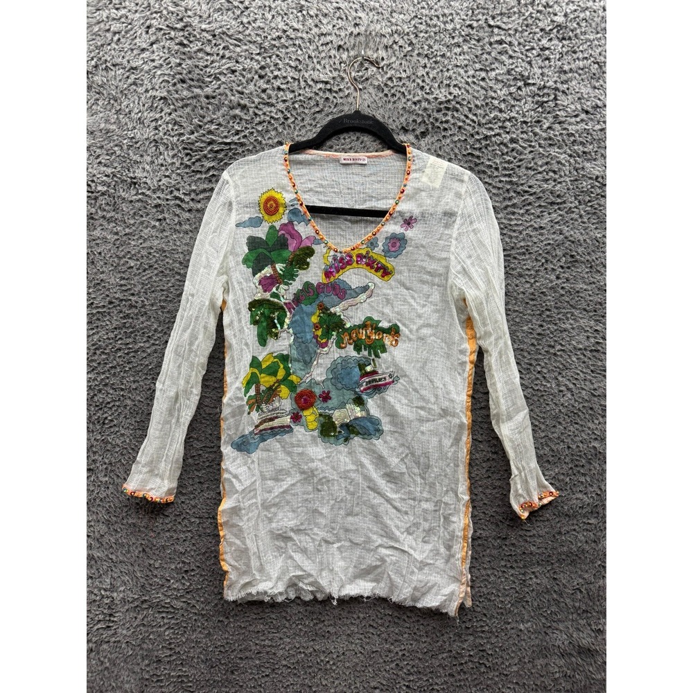 Vintage Miss Sixty Sequin Beaded Graphic Long Sleeve Shirt White Womens Size M